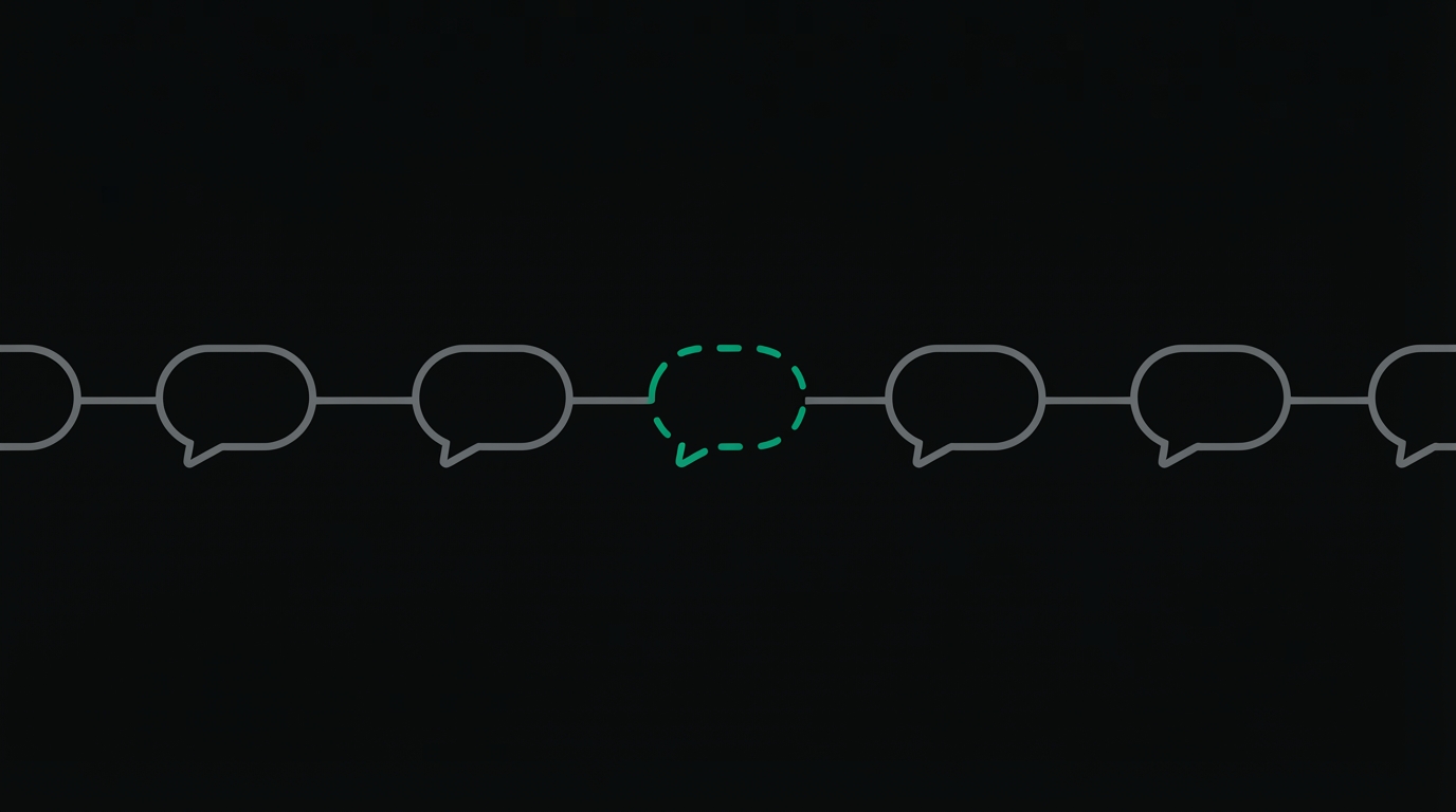 A chain of connected chat bubbles with one slot missing, outlined in green, showing the Discord gap in chatbot channel coverage
