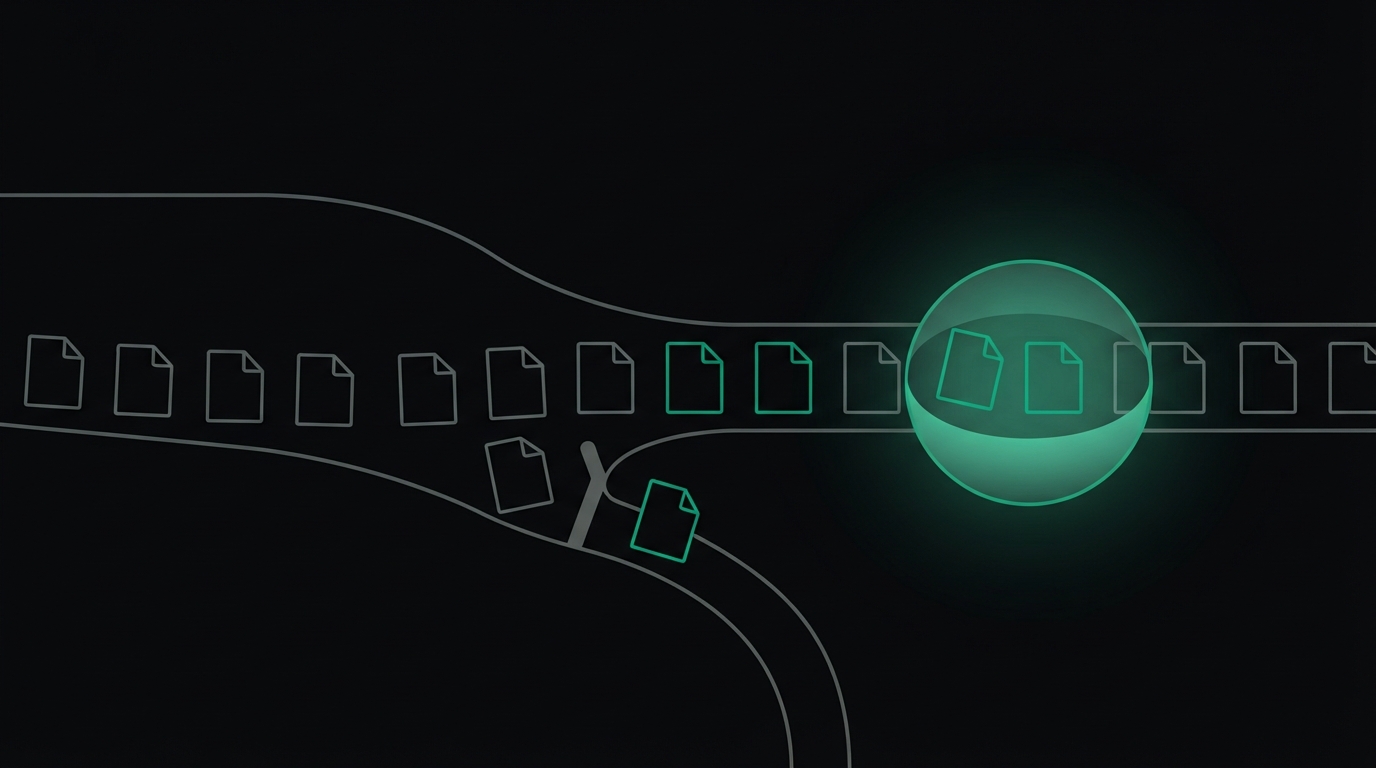 Document icons flowing along a path into a glowing knowledge base, with some documents diverted away
